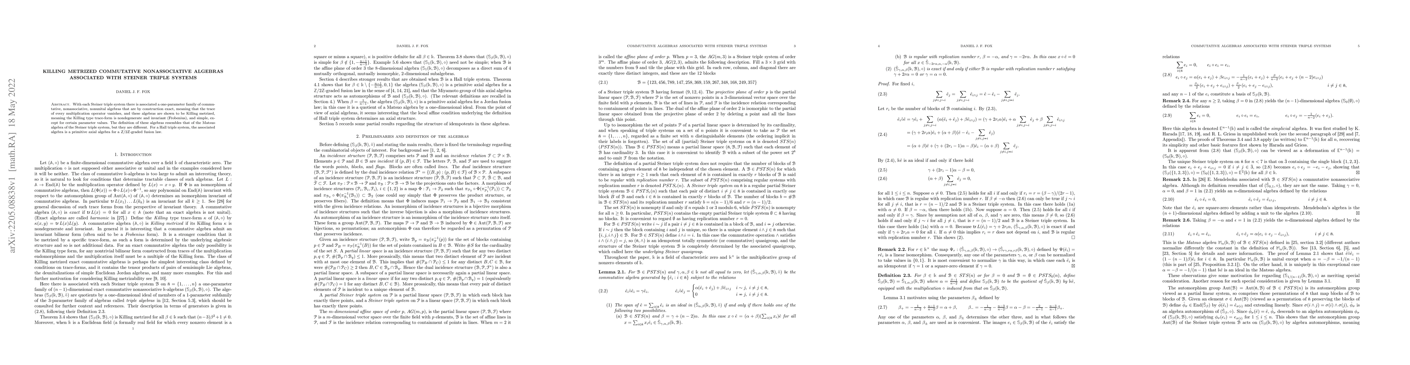Thumbnail for Killing metrized commutative nonassociative algebras associated with
  Steiner triple systems
