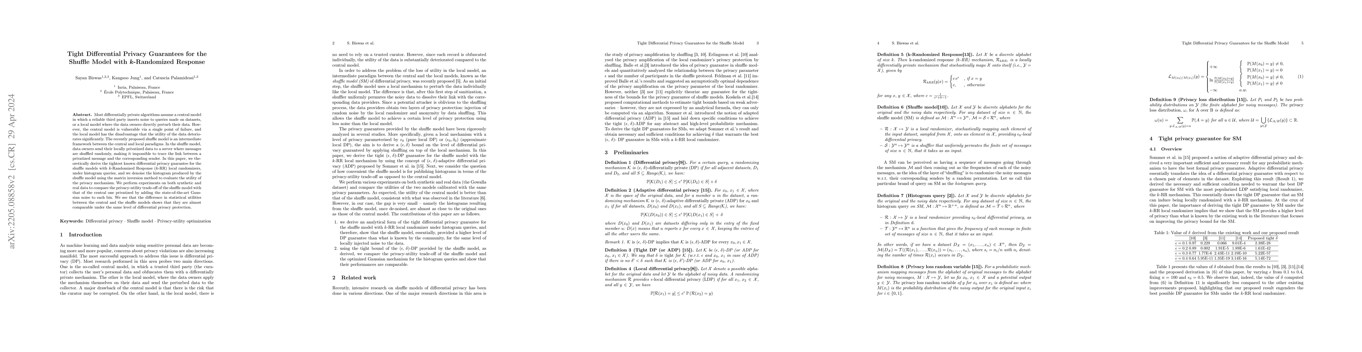 Thumbnail for Tight Differential Privacy Guarantees for the Shuffle Model with
  $k$-Randomized Response