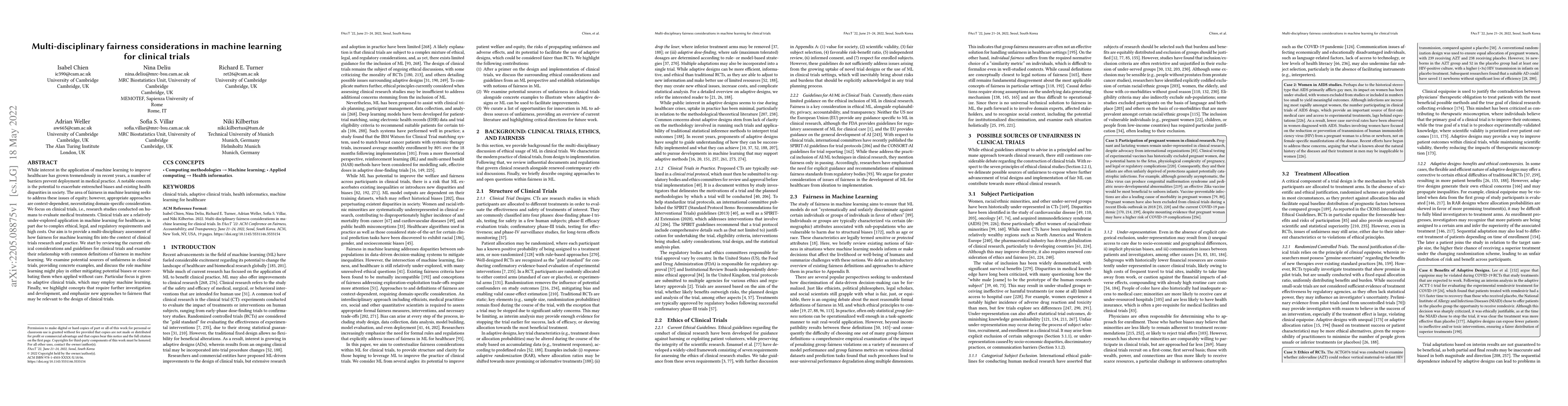 Thumbnail for Multi-disciplinary fairness considerations in machine learning for
  clinical trials