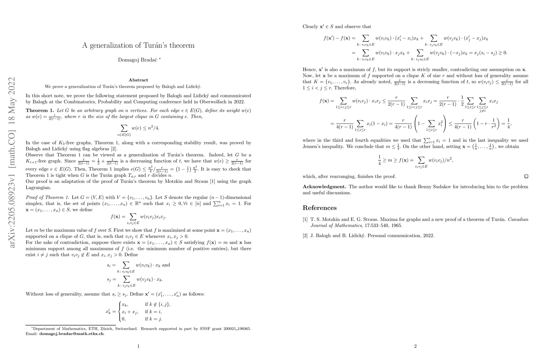 Thumbnail for A generalization of Tur\'{a}n's theorem
