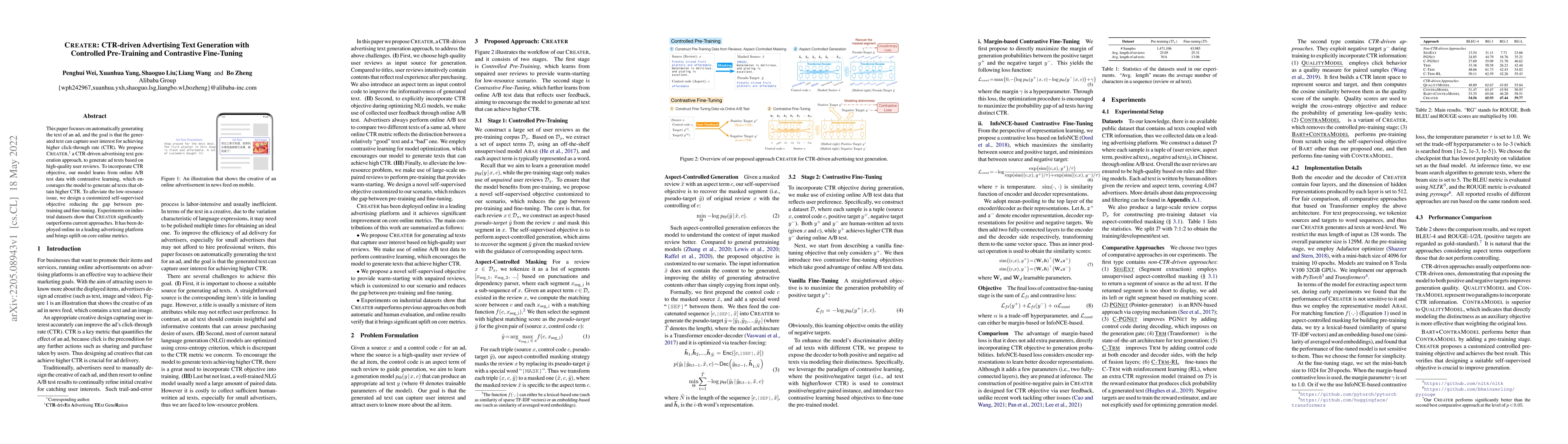 Thumbnail for CREATER: CTR-driven Advertising Text Generation with Controlled
  Pre-Training and Contrastive Fine-Tuning