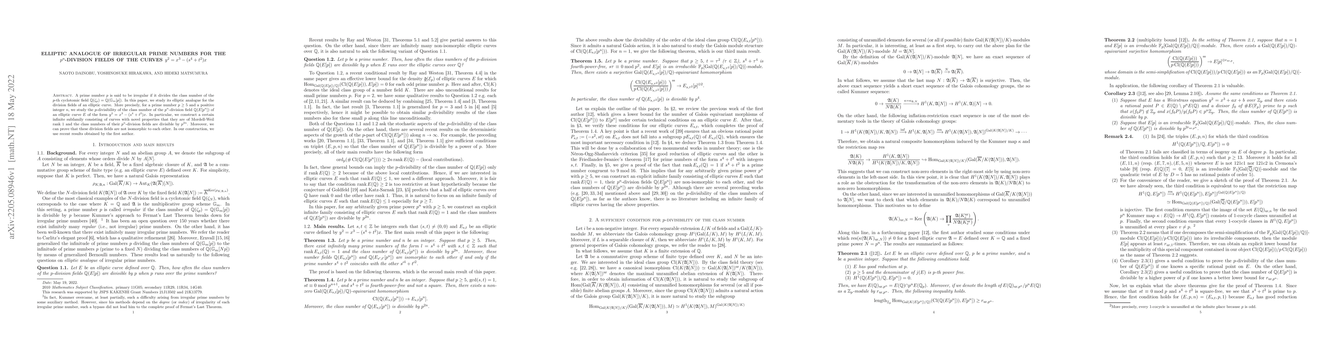 Thumbnail for Elliptic analogue of irregular prime numbers for the $p^{n}$-division
  fields of the curves $y^{2} = x^{3}-(s^{4}+t^{2})x$