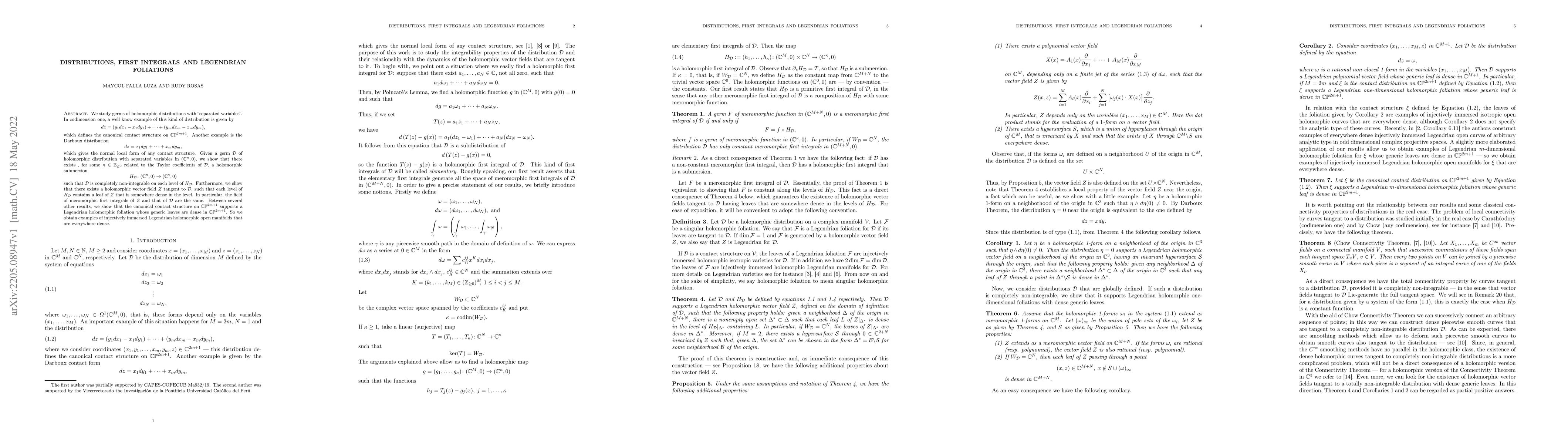 Thumbnail for Distributions, first integrals and Legendrian foliations