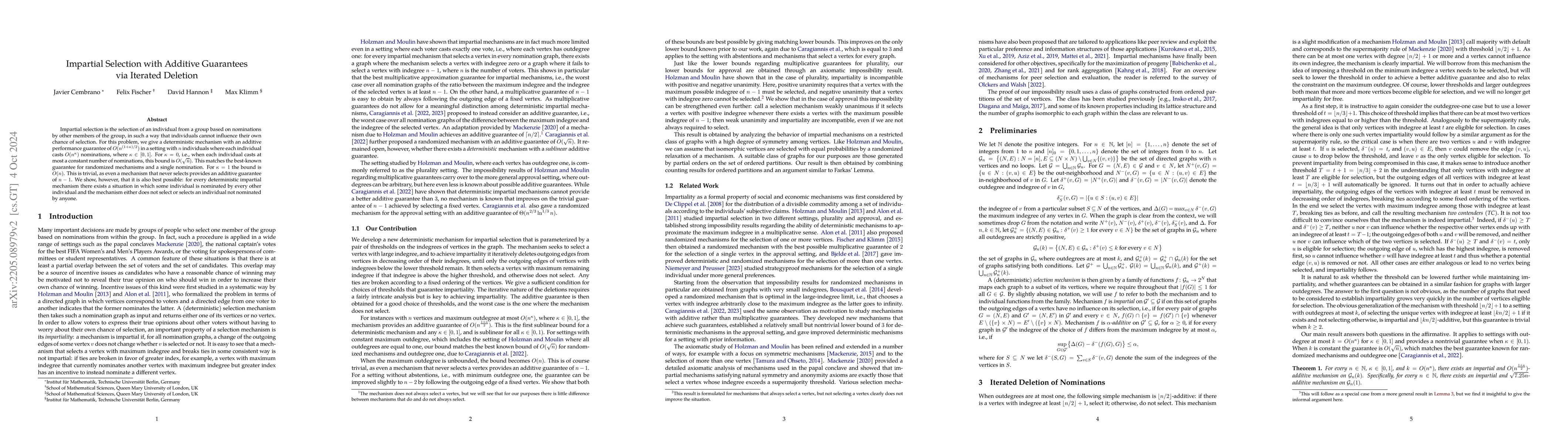 Thumbnail for Impartial Selection with Additive Guarantees via Iterated Deletion