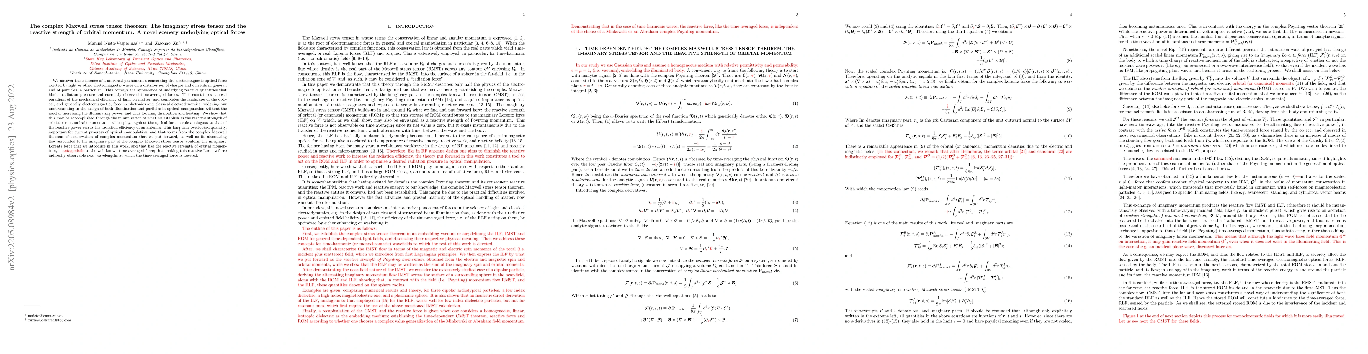 Thumbnail for The complex Maxwell stress tensor theorem: The imaginary stress tensor
  and the reactive strength of orbital momentum. A novel scenery underlying
  electromagnetic and optical forces