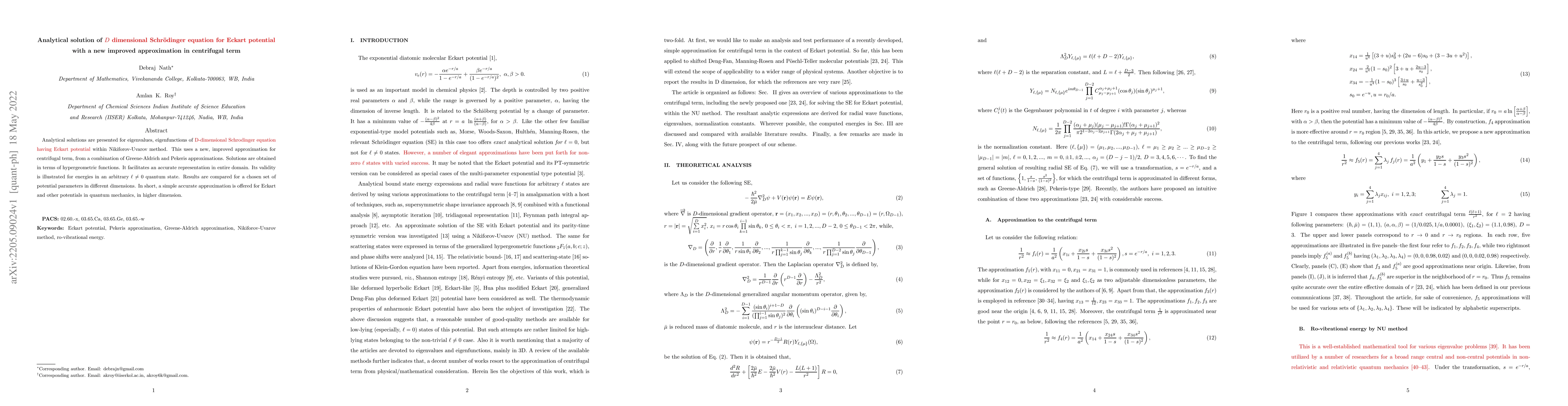 Thumbnail for Analytical solution of $D$ dimensional Schr\"odinger equation for Eckart
  potential with a new improved approximation in centrifugal term