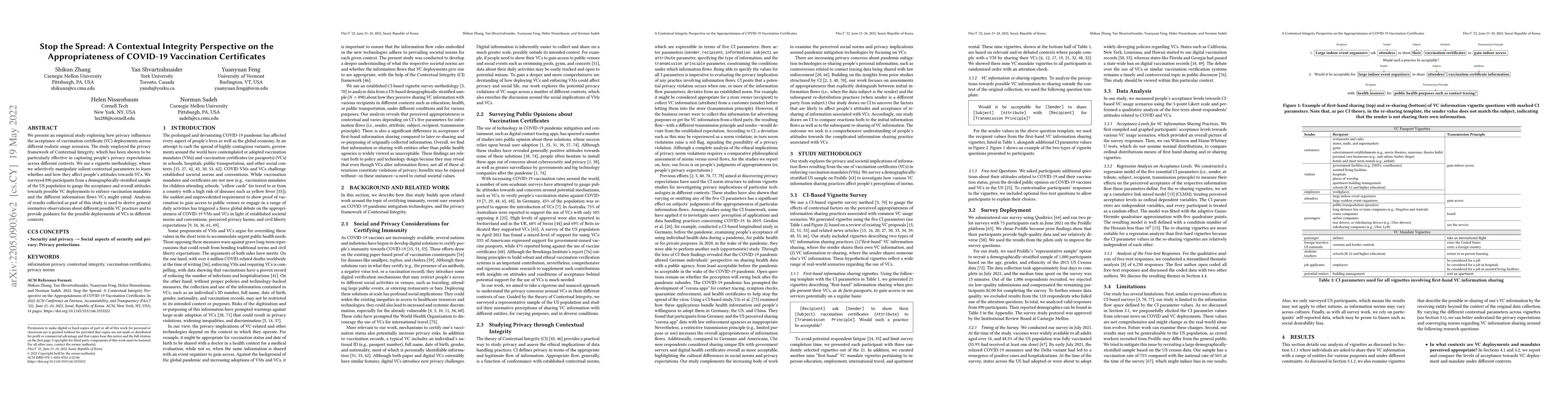 Thumbnail for Stop the Spread: A Contextual Integrity Perspective on the
  Appropriateness of COVID-19 Vaccination Certificates