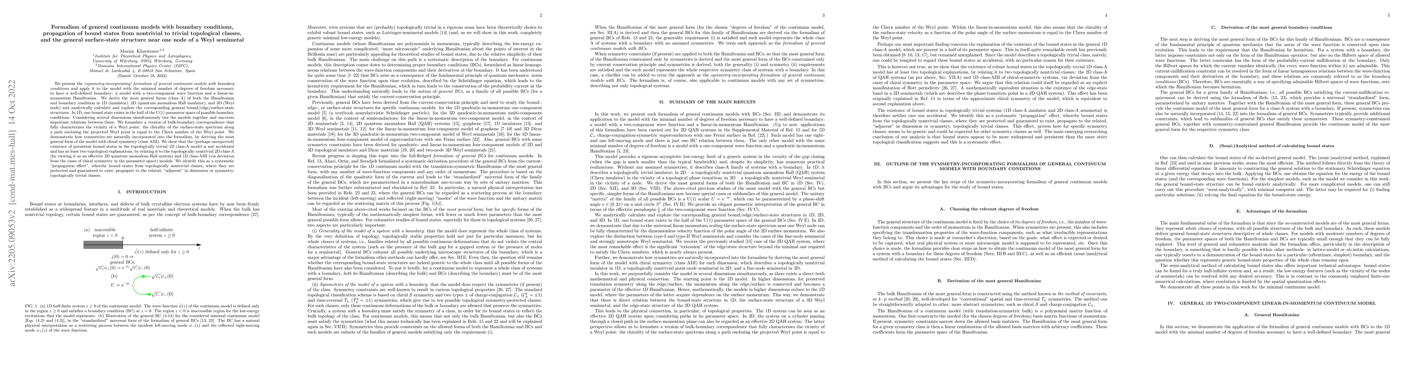 Thumbnail for Formalism of general continuum models with boundary conditions,
  propagation of bound states from nontrivial to trivial topological classes,
  and the general surface-state structure near one node of a Weyl semimetal