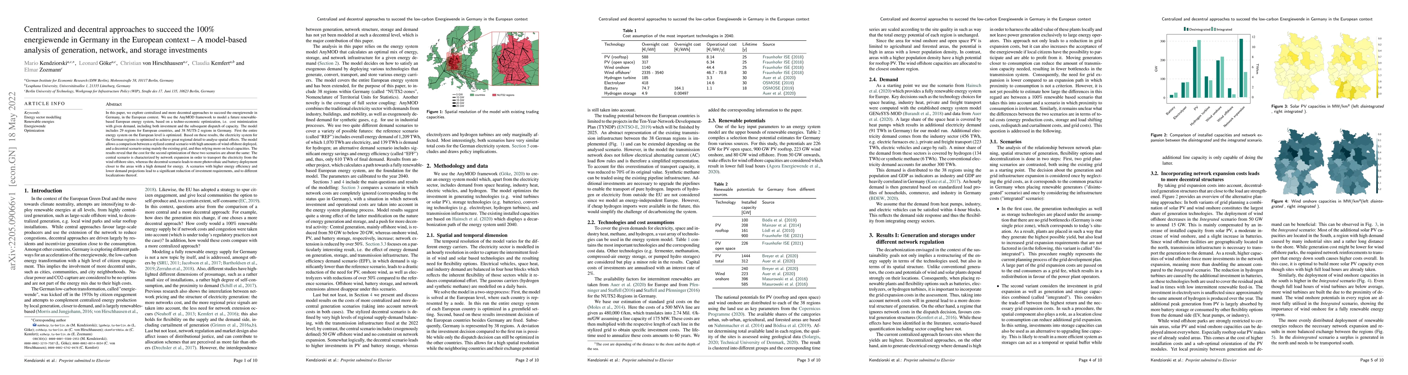 Thumbnail for Centralized and decentral approaches to succeed the 100% energiewende in
  Germany in the European context: A model-based analysis of generation,
  network, and storage investments