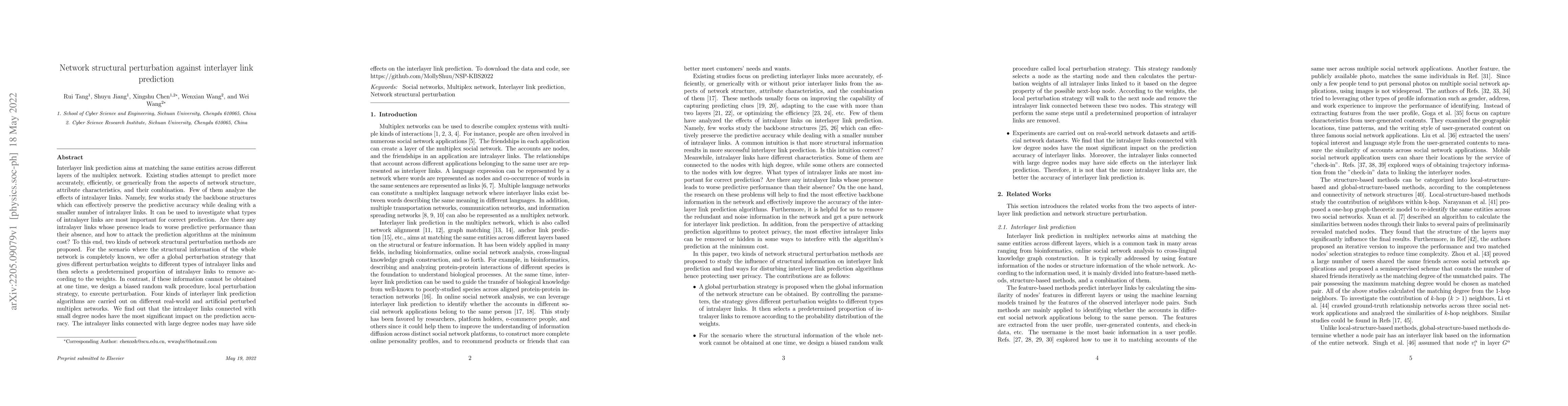 Thumbnail for Network structural perturbation against interlayer link prediction