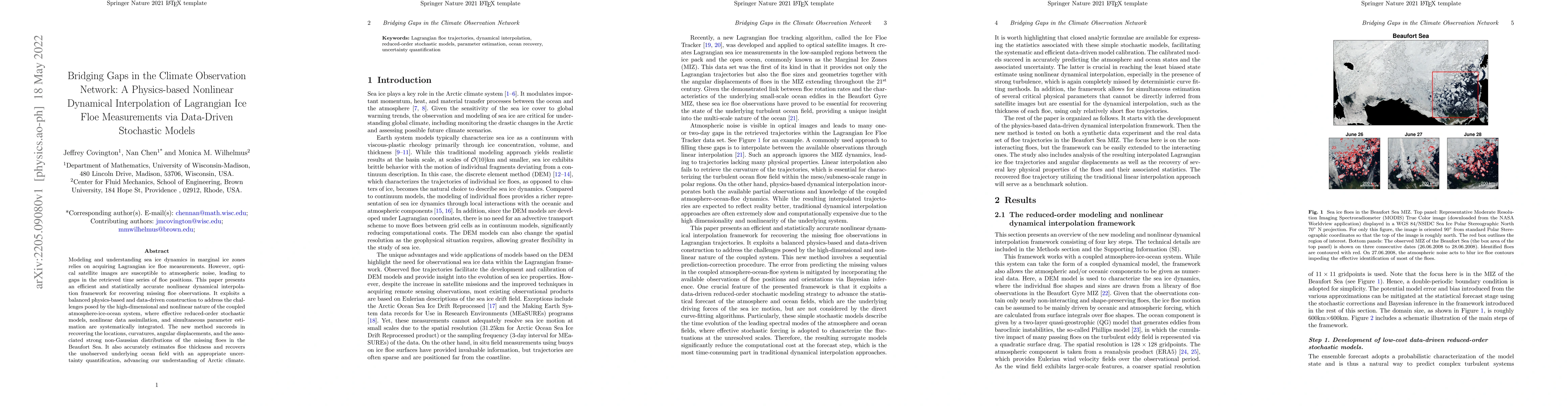 Thumbnail for Bridging Gaps in the Climate Observation Network: A Physics-based
  Nonlinear Dynamical Interpolation of Lagrangian Ice Floe Measurements via
  Data-Driven Stochastic Models