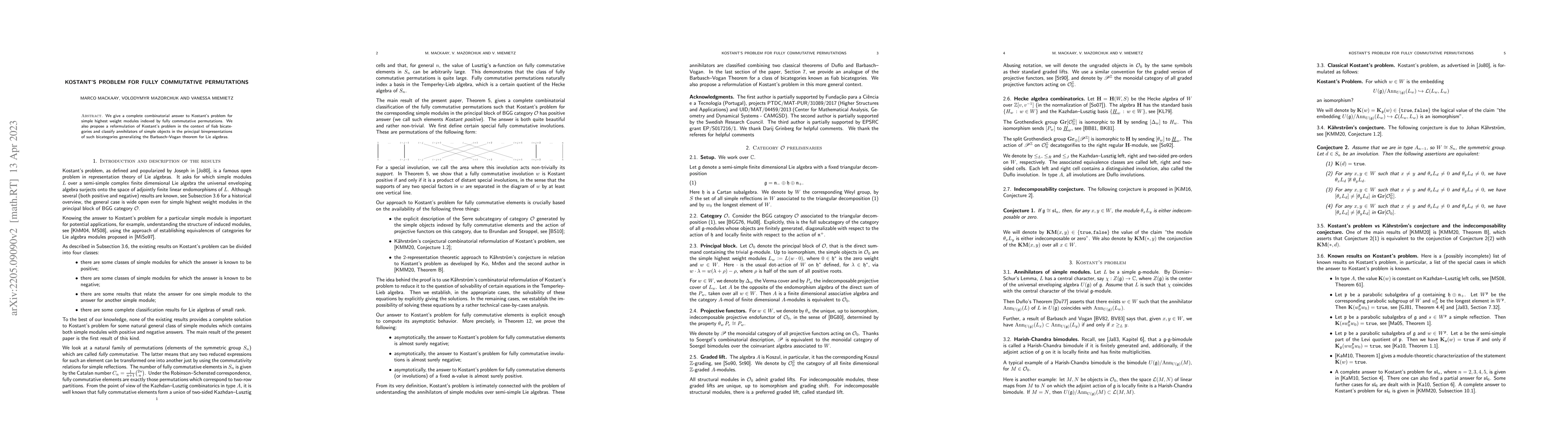 Thumbnail for Kostant's problem for fully commutative permutations
