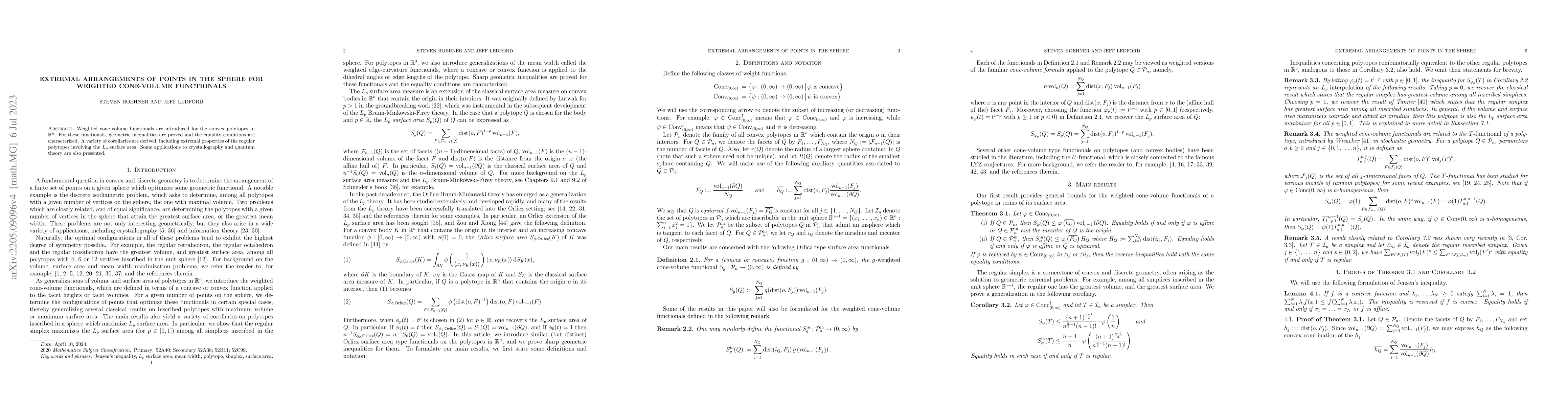 Thumbnail for Extremal arrangements of points on the sphere for weighted cone-volume
  functionals