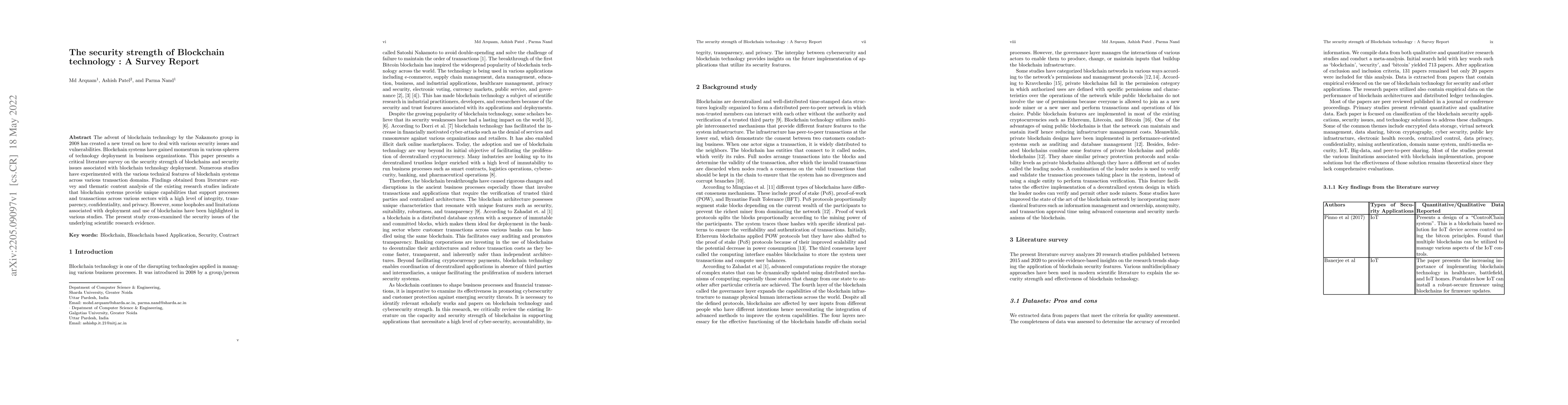 Thumbnail for The security strength of Blockchain technology : A Survey Report