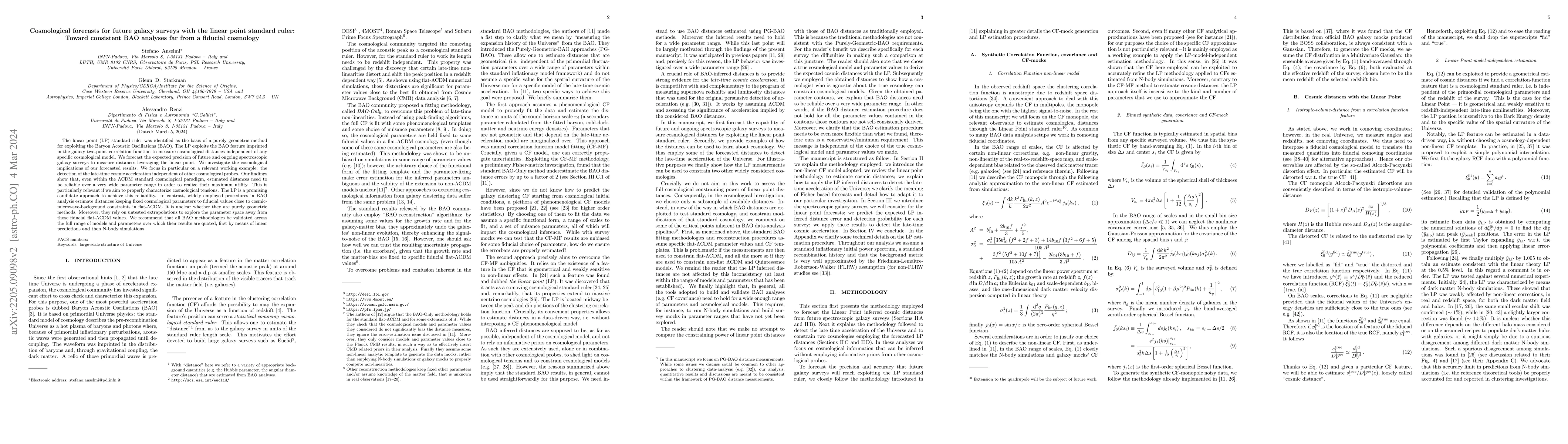 Thumbnail for Cosmological forecasts for future galaxy surveys with the linear point
  standard ruler: Toward consistent BAO analyses far from a fiducial cosmology