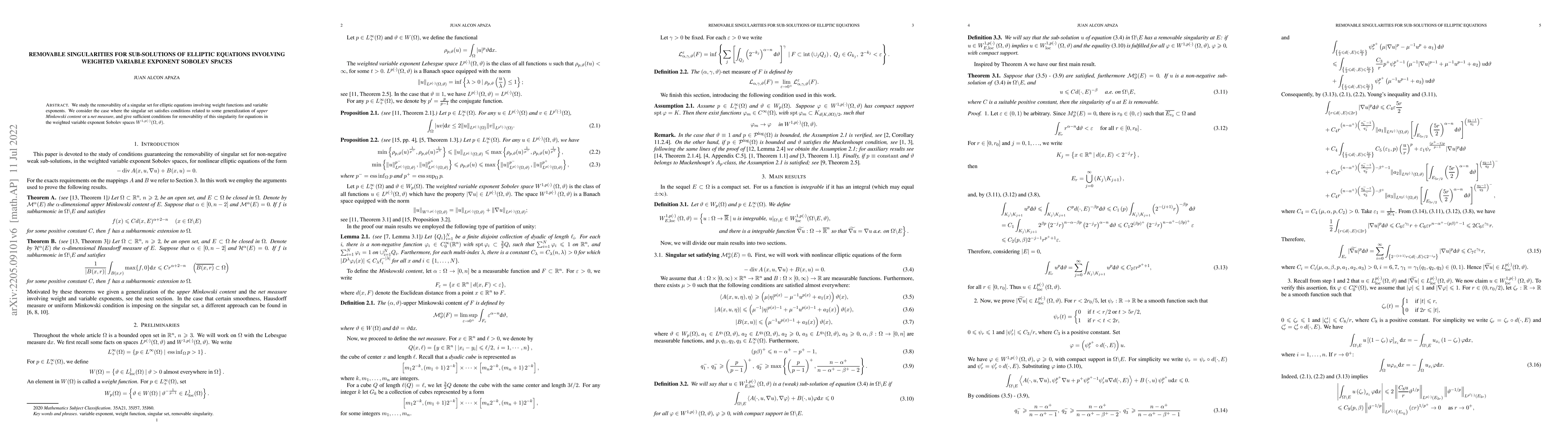 Thumbnail for Removable singularities for sub-solutions of elliptic equations
  involving weighted variable exponent Sobolev spaces