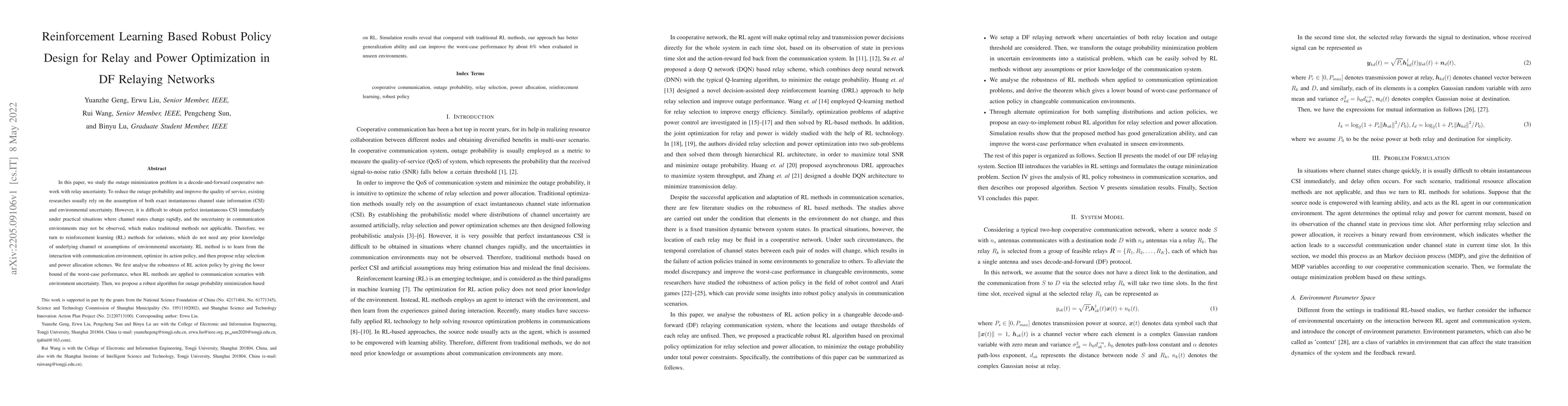 Thumbnail for Reinforcement Learning Based Robust Policy Design for Relay and Power
  Optimization in DF Relaying Networks