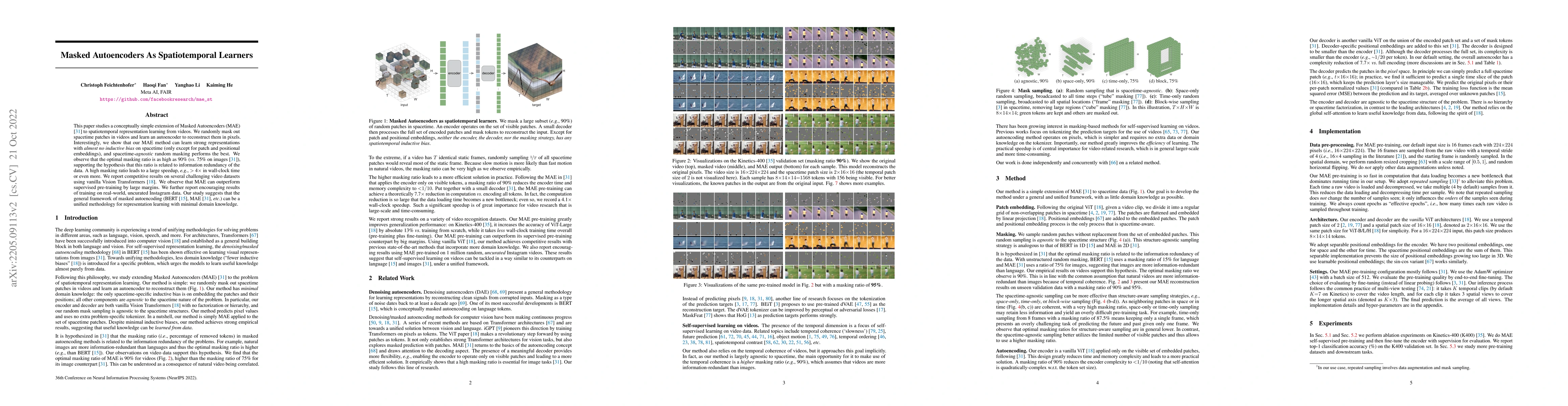 Thumbnail for Masked Autoencoders As Spatiotemporal Learners