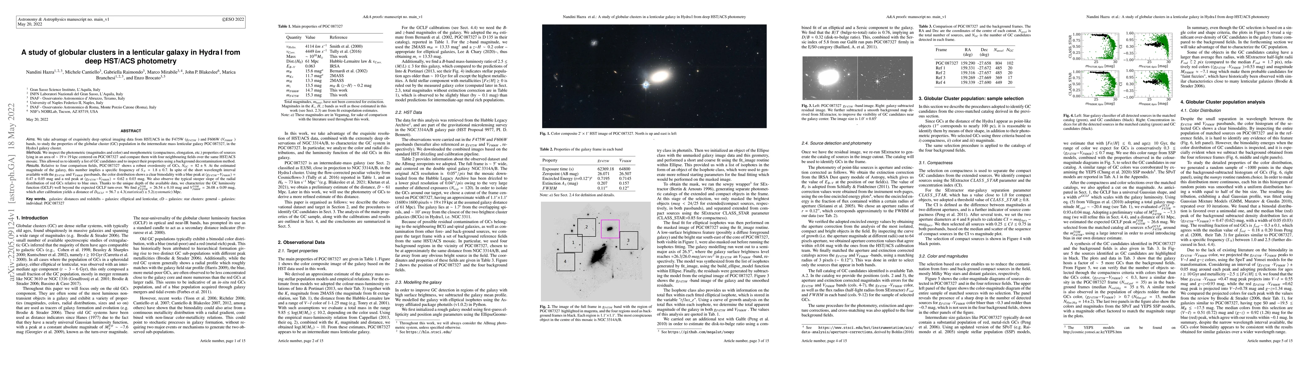 Thumbnail for A study of globular clusters in a lenticular galaxy in Hydra I from deep
  HST/ACS photometry
