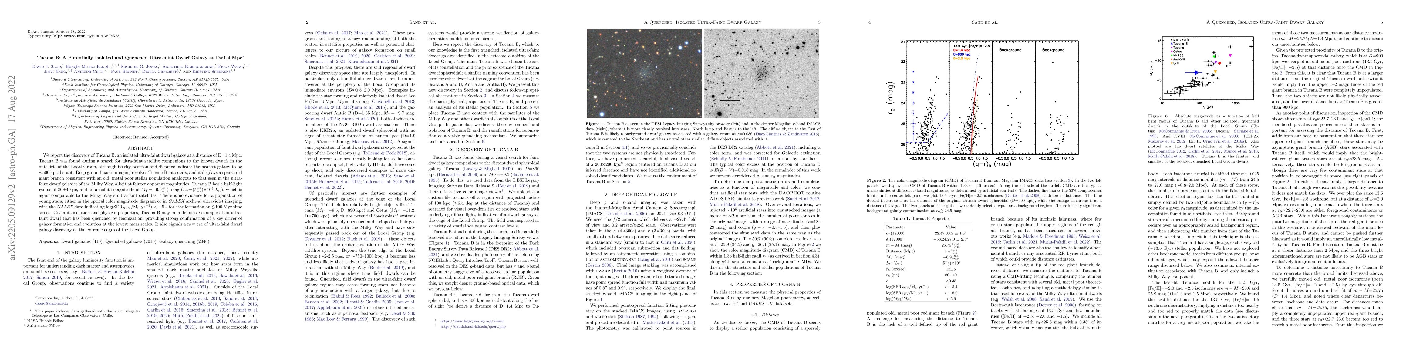Thumbnail for Tucana B: A Potentially Isolated and Quenched Ultra-faint Dwarf Galaxy
  at D$\approx$1.4 Mpc