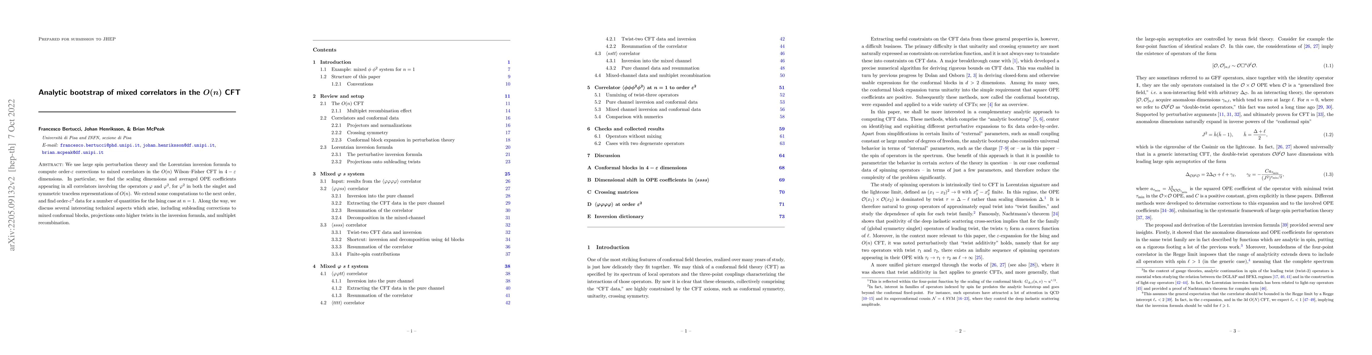 Thumbnail for Analytic bootstrap of mixed correlators in the $\boldsymbol{O(n)}$ CFT