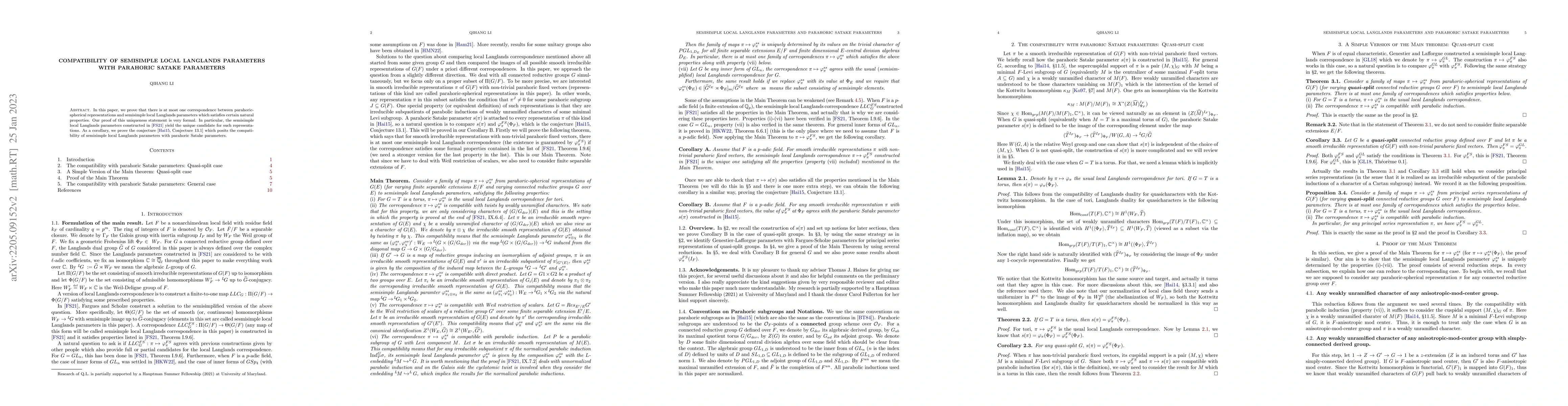 Thumbnail for Compatibility of semisimple local Langlands parameters with parahoric
  Satake parameters