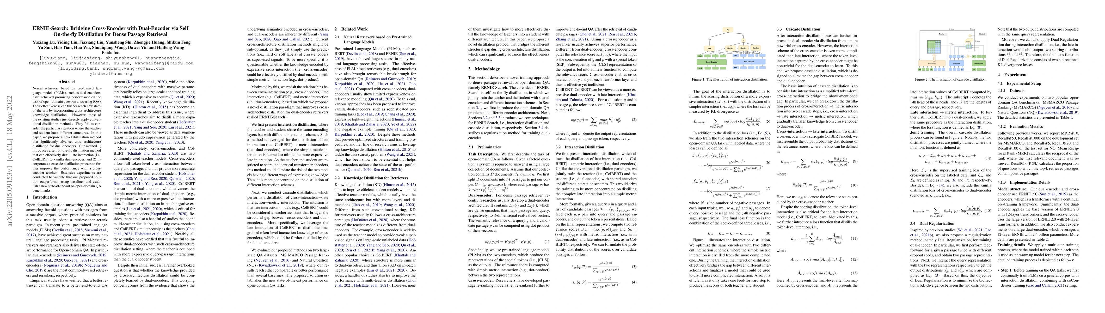 Thumbnail for ERNIE-Search: Bridging Cross-Encoder with Dual-Encoder via Self
  On-the-fly Distillation for Dense Passage Retrieval