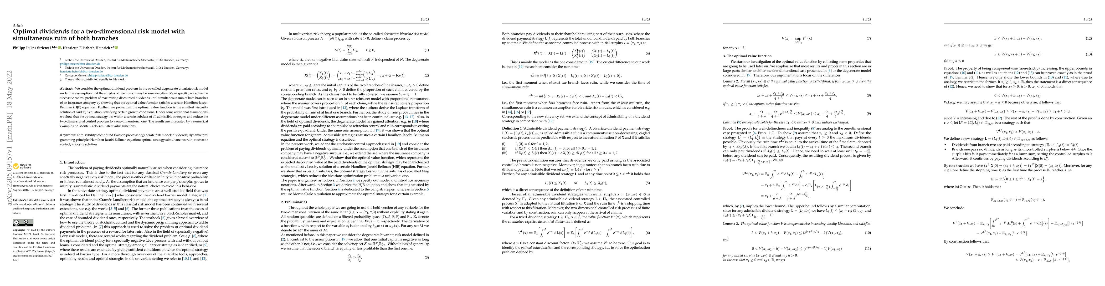 Thumbnail for Optimal dividends for a two-dimensional risk model with simultaneous
  ruin of both branches