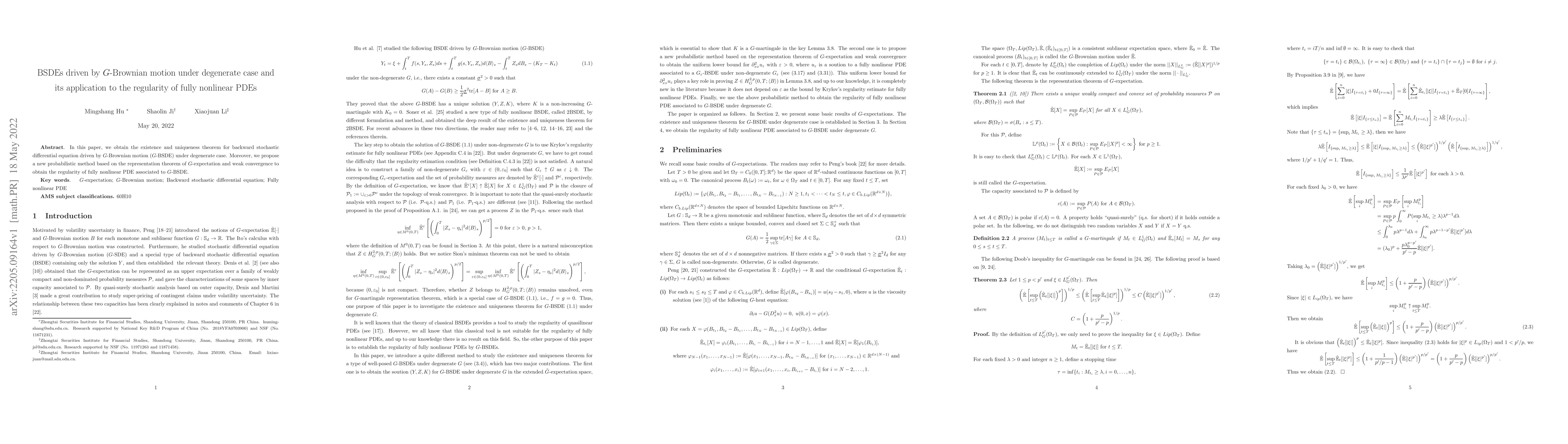 Thumbnail for BSDEs driven by G-Brownian motion under degenerate case and its
  application to the regularity of fully nonlinear PDEs