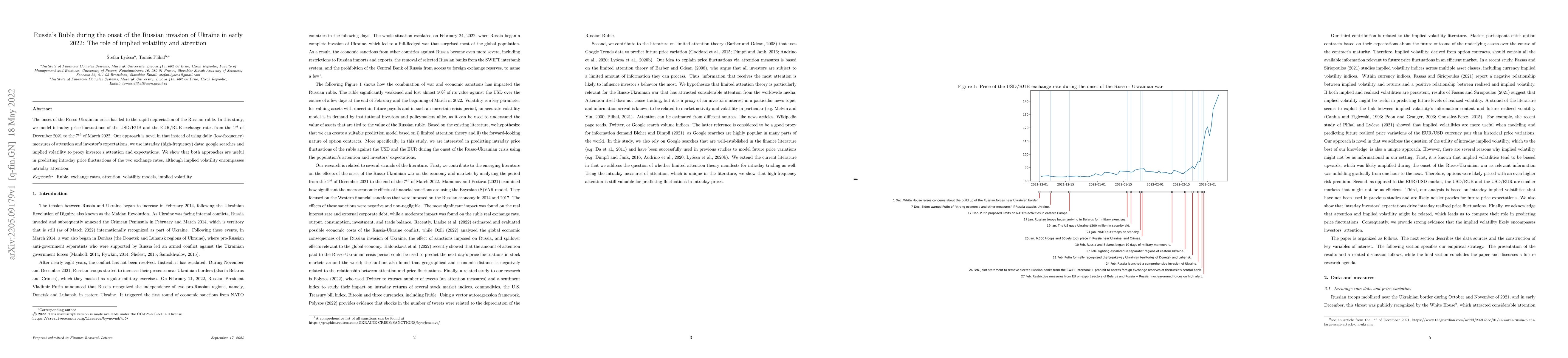 Thumbnail for Russia's Ruble during the onset of the Russian invasion of Ukraine in
  early 2022: The role of implied volatility and attention