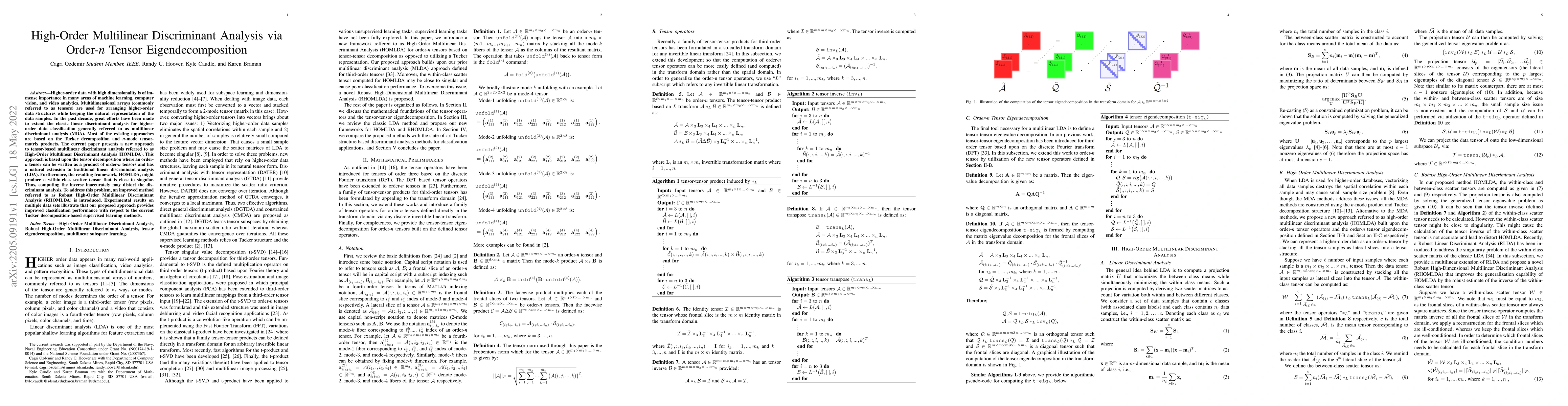 Thumbnail for High-Order Multilinear Discriminant Analysis via Order-$\textit{n}$
  Tensor Eigendecomposition