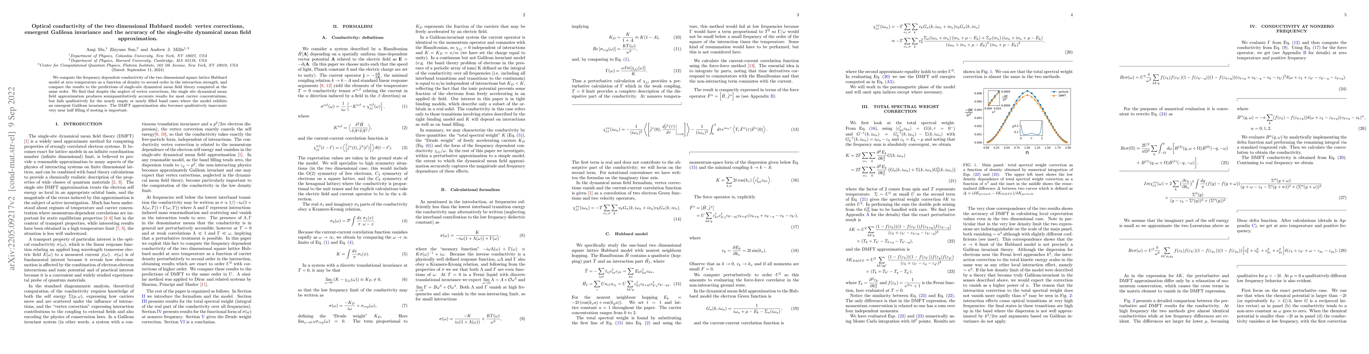 Thumbnail for Optical Conductivity of the two dimensional Hubbard model: vertex
  corrections, emergent Galilean invariance and the accuracy of the single-site
  dynamical mean field approximation