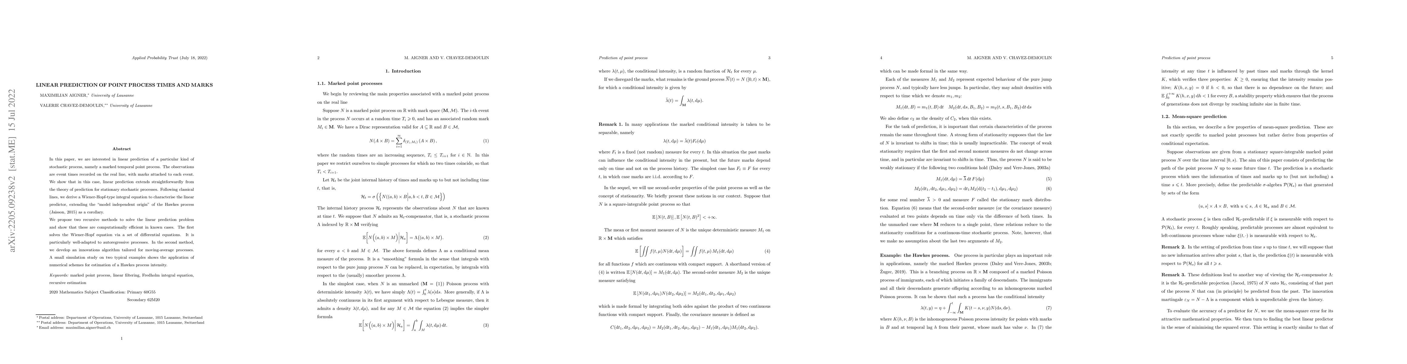 Thumbnail for Linear prediction of point process times and marks