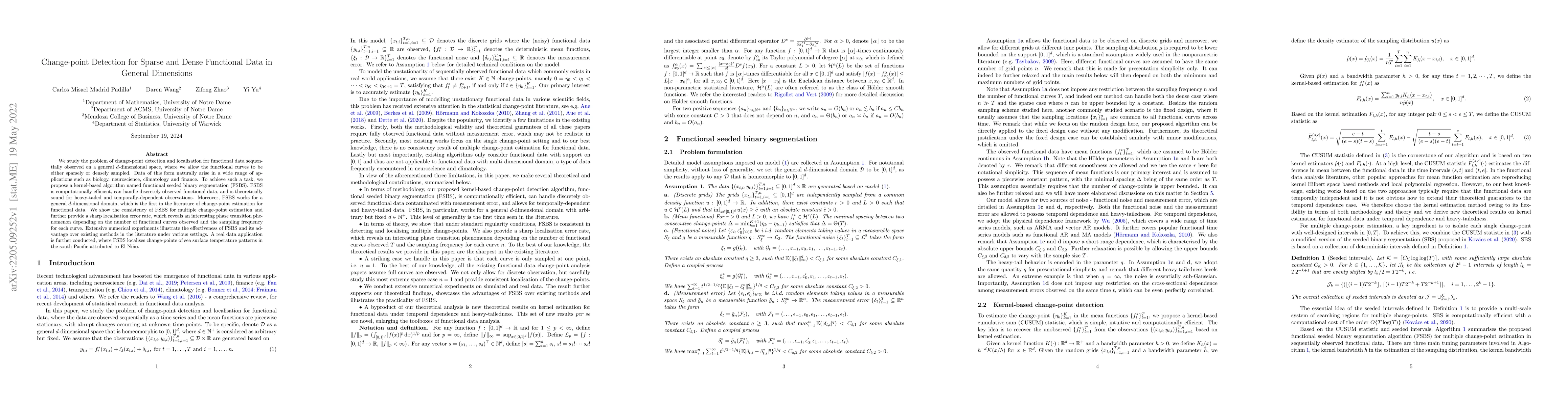 Thumbnail for Change-point Detection for Sparse and Dense Functional Data in General
  Dimensions