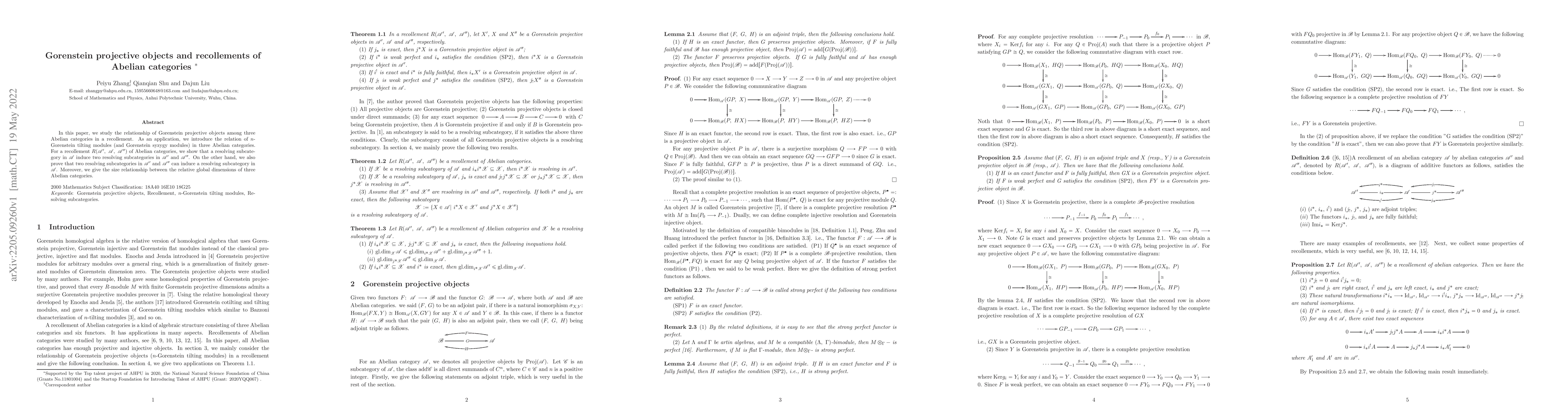 Thumbnail for Gorenstein projective objects and recollements of Abelian categories
