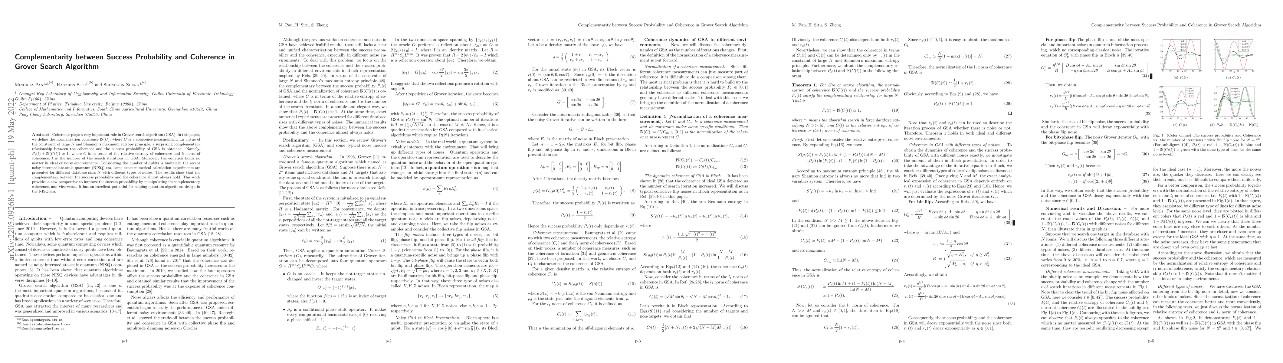 Thumbnail for Complementarity between Success Probability and Coherence in Grover
  Search Algorithm