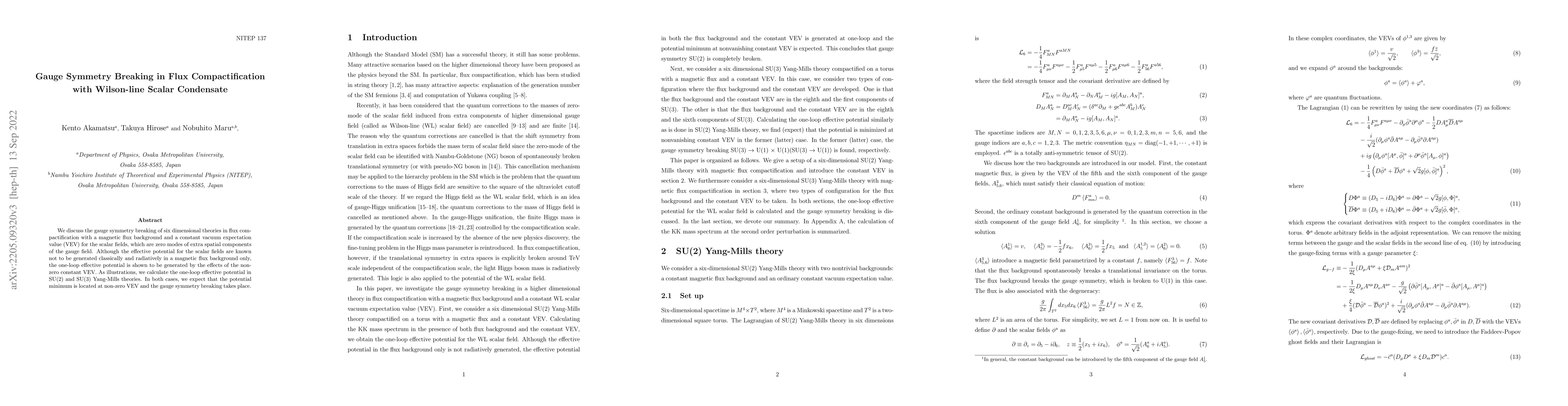 Thumbnail for Gauge Symmetry Breaking in Flux Compactification with Wilson-line Scalar
  Condensate