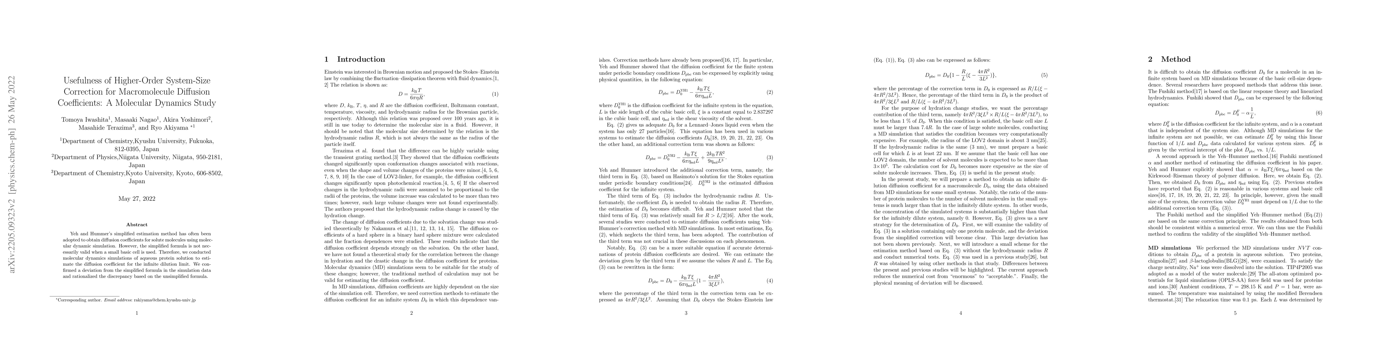 Thumbnail for Usefulness of Higher Order of System-Size Correction for Diffusion
  Coefficients of Macromolecules: A Molecular Dynamics Study