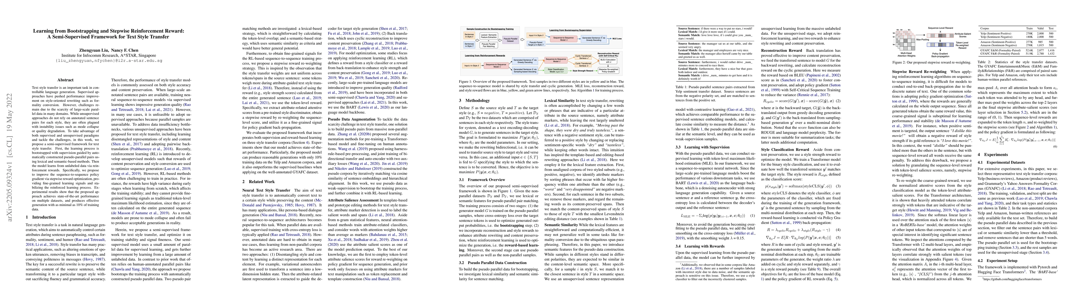 Thumbnail for Learning from Bootstrapping and Stepwise Reinforcement Reward: A
  Semi-Supervised Framework for Text Style Transfer