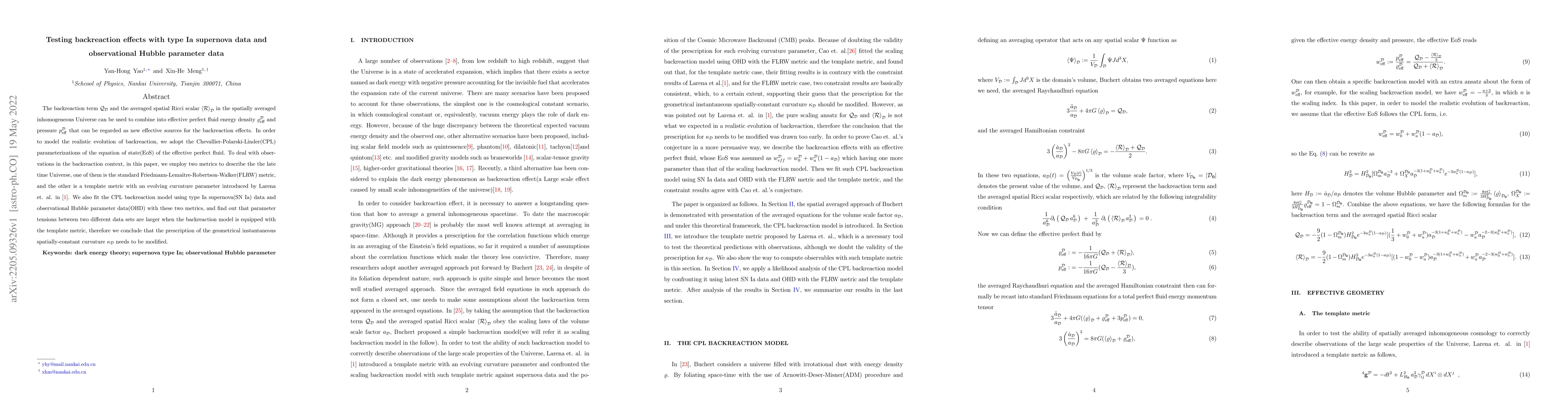 Thumbnail for Testing backreaction effects with type Ia supernova data and
  observational Hubble parameter data
