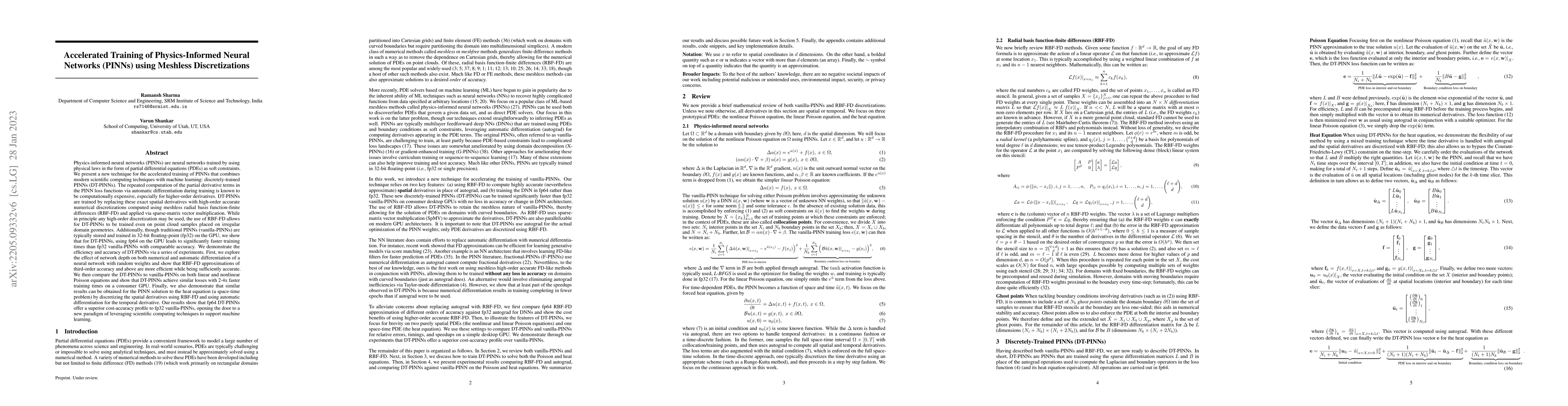 Thumbnail for Accelerated Training of Physics-Informed Neural Networks (PINNs) using
  Meshless Discretizations