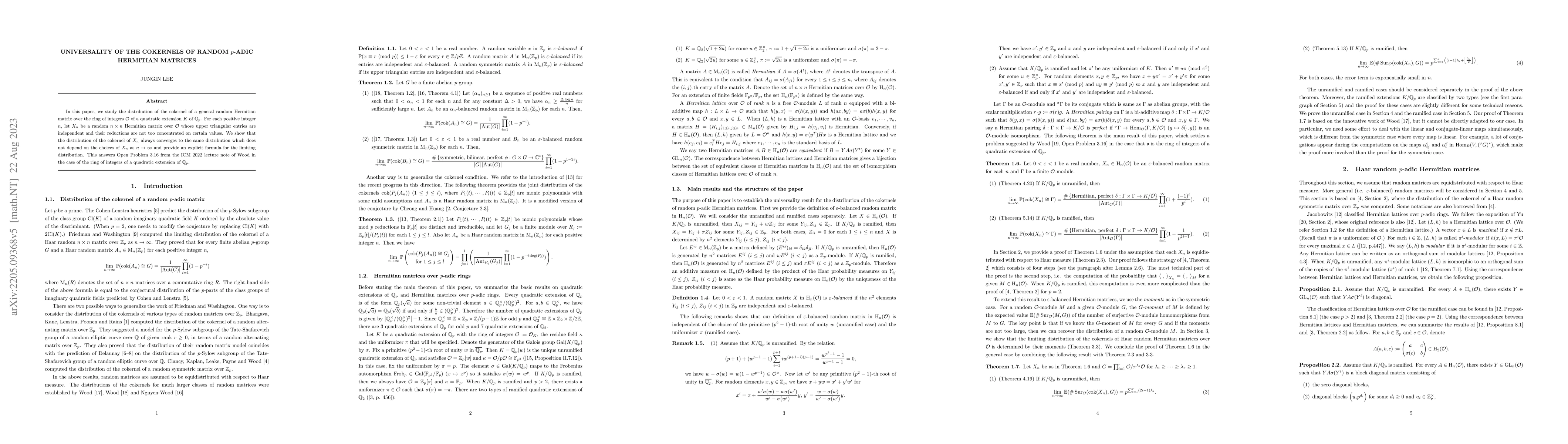 Thumbnail for Universality of the cokernels of random $p$-adic Hermitian matrices
