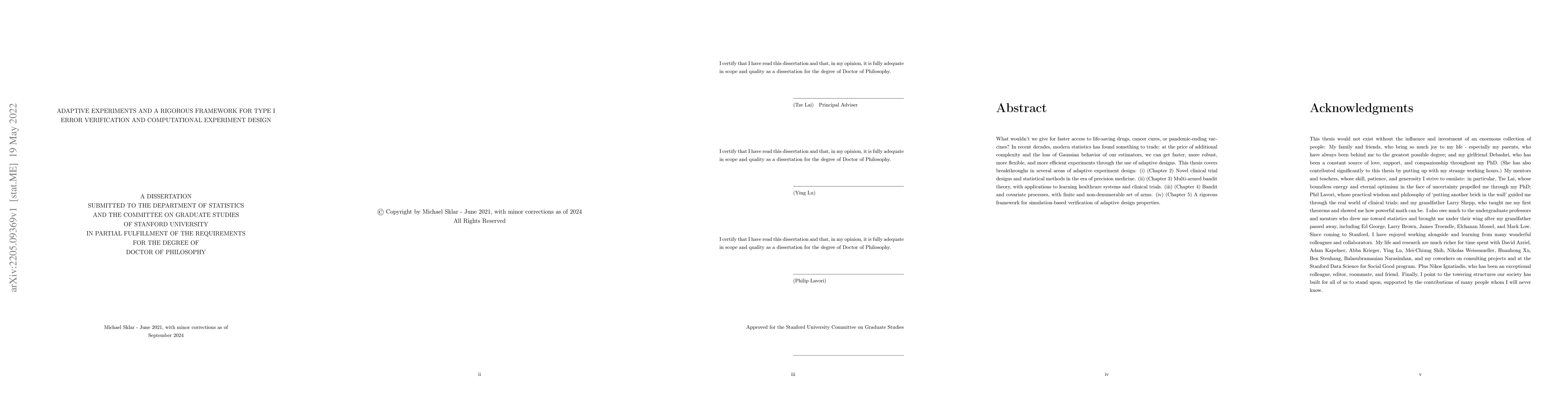 Thumbnail for Adaptive Experiments and a Rigorous Framework for Type I Error
  Verification and Computational Experiment Design