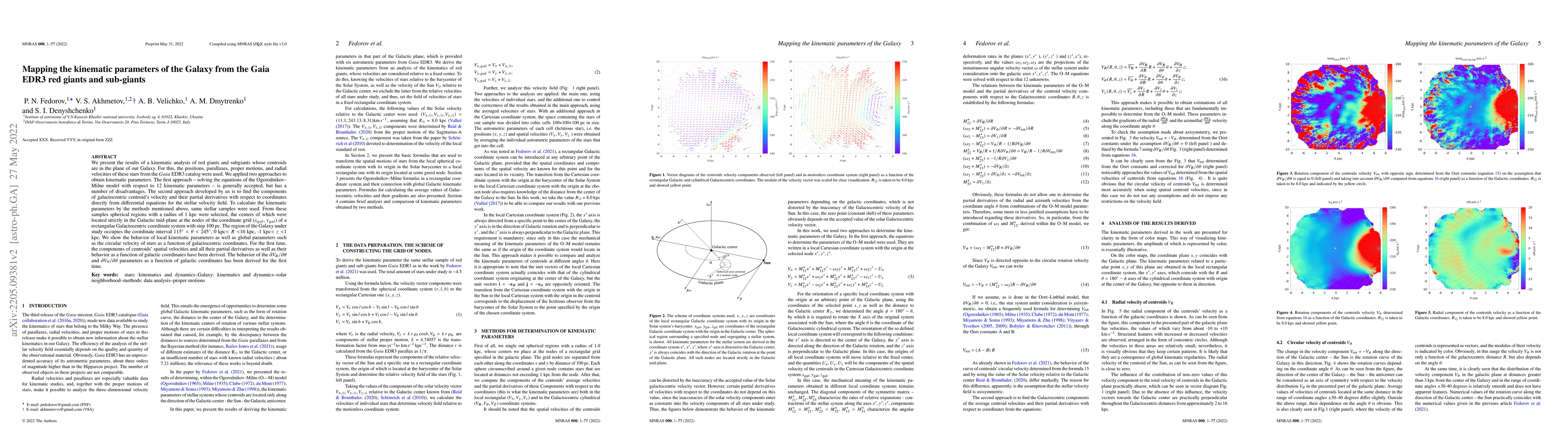 Thumbnail for Mapping the kinematic parameters of the Galaxy from the Gaia EDR3 red
  giants and sub-giants