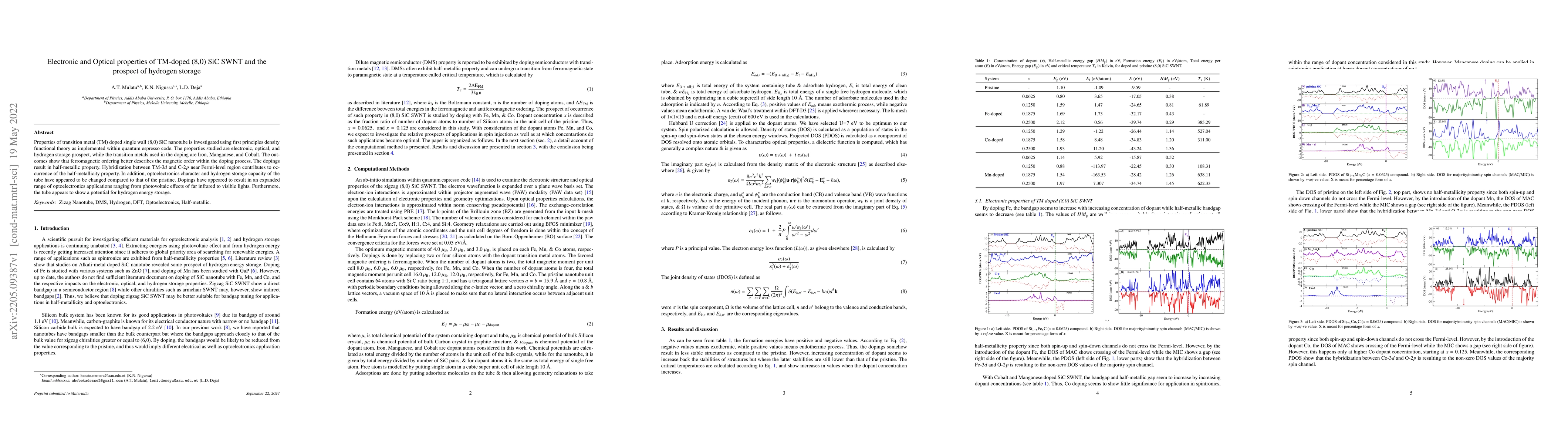Thumbnail for Electronic and Optical properties of TM-doped (8,0) SiC SWNT and the
  prospect of hydrogen storage