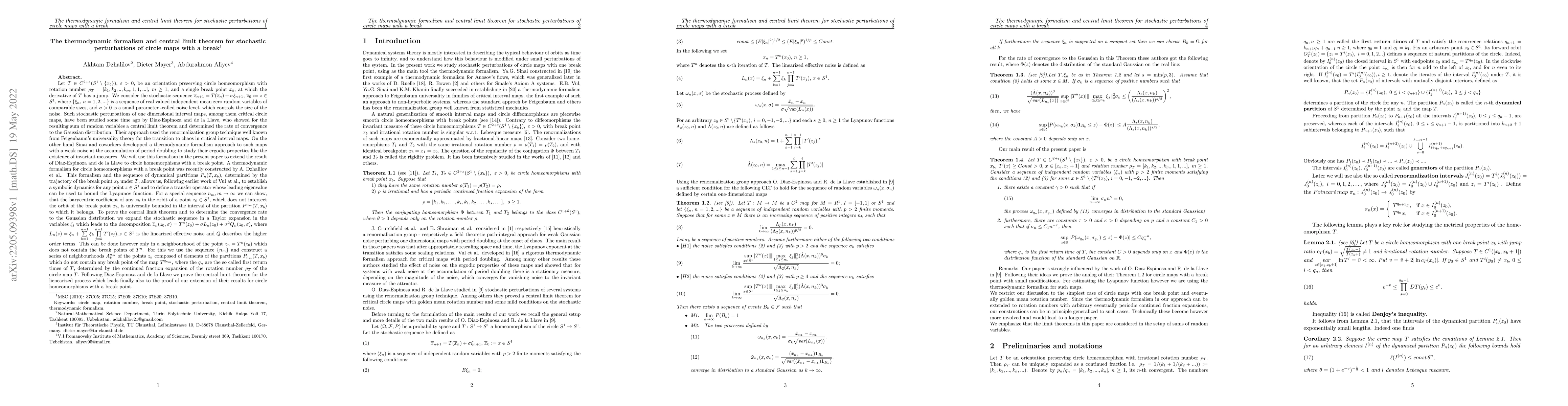 Thumbnail for The thermodynamic formalism and central limit theorem for stochastic
  perturbations of circle maps with a break