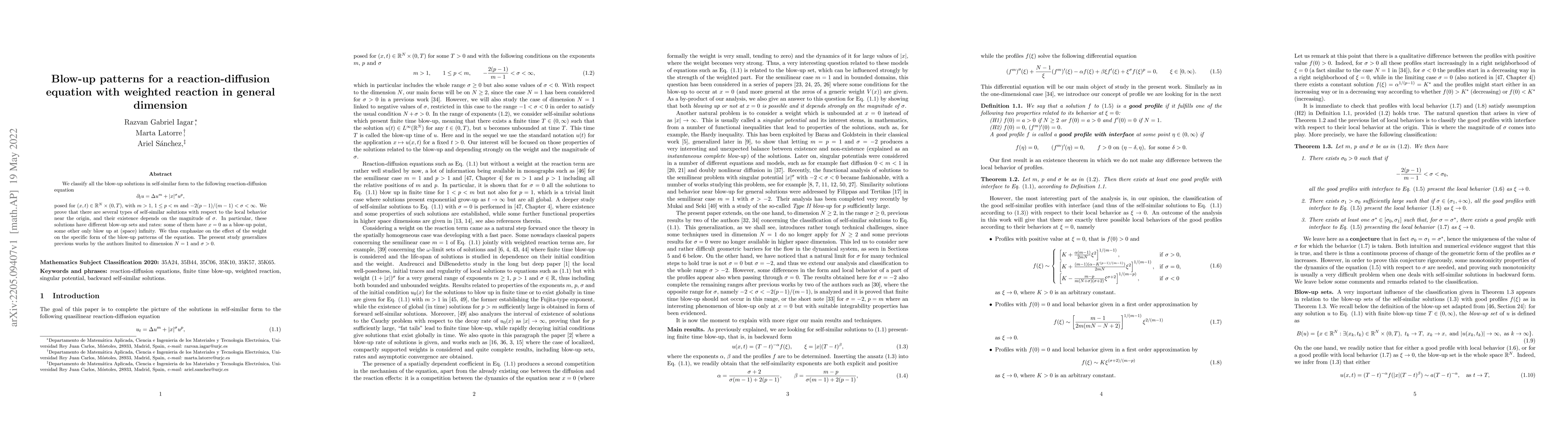 Thumbnail for Blow-up patterns for a reaction-diffusion equation with weighted
  reaction in general dimension