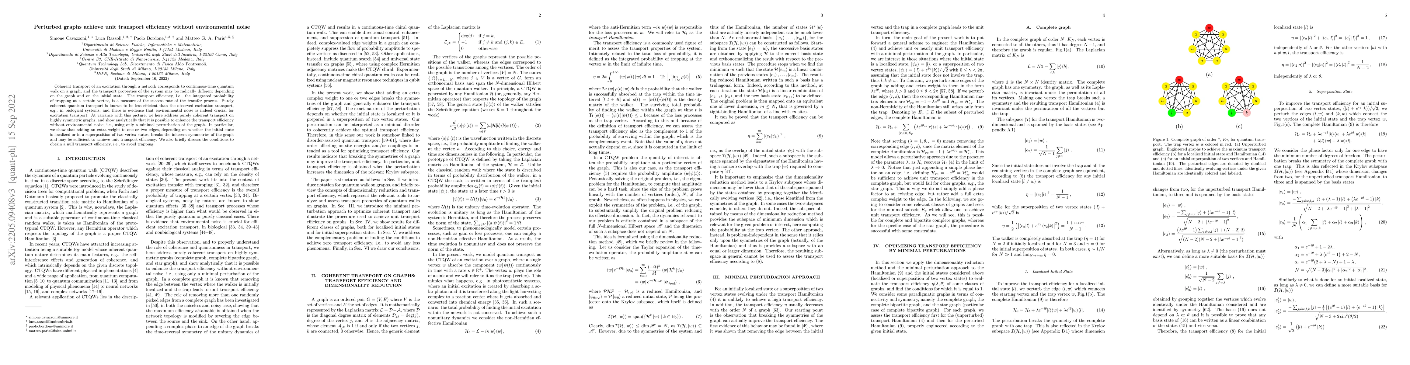 Thumbnail for Perturbed graphs achieve unit transport efficiency without environmental
  noise
