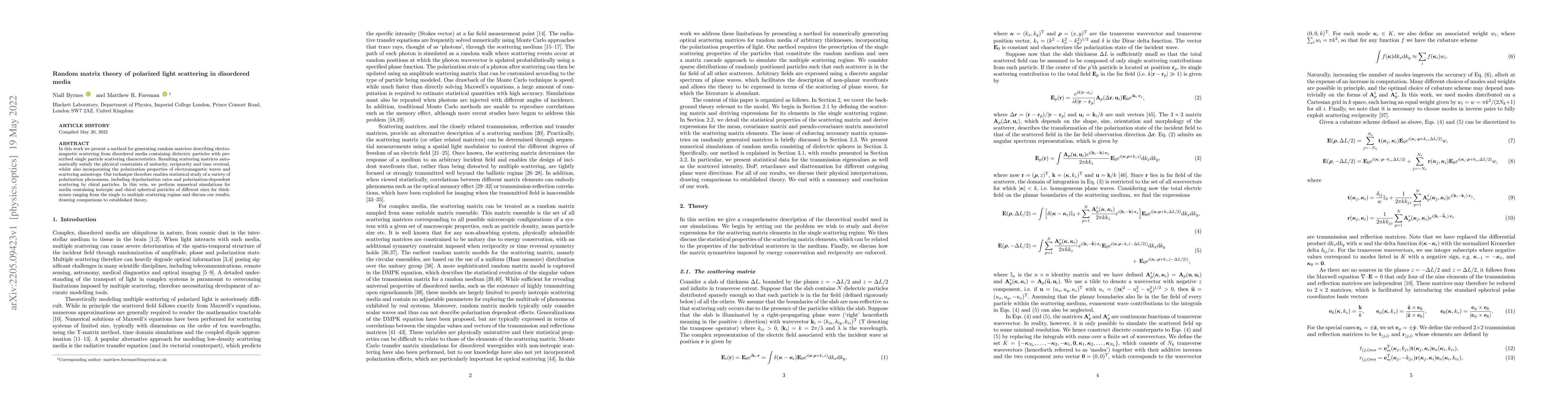 Thumbnail for Random matrix theory of polarized light scattering in disordered media