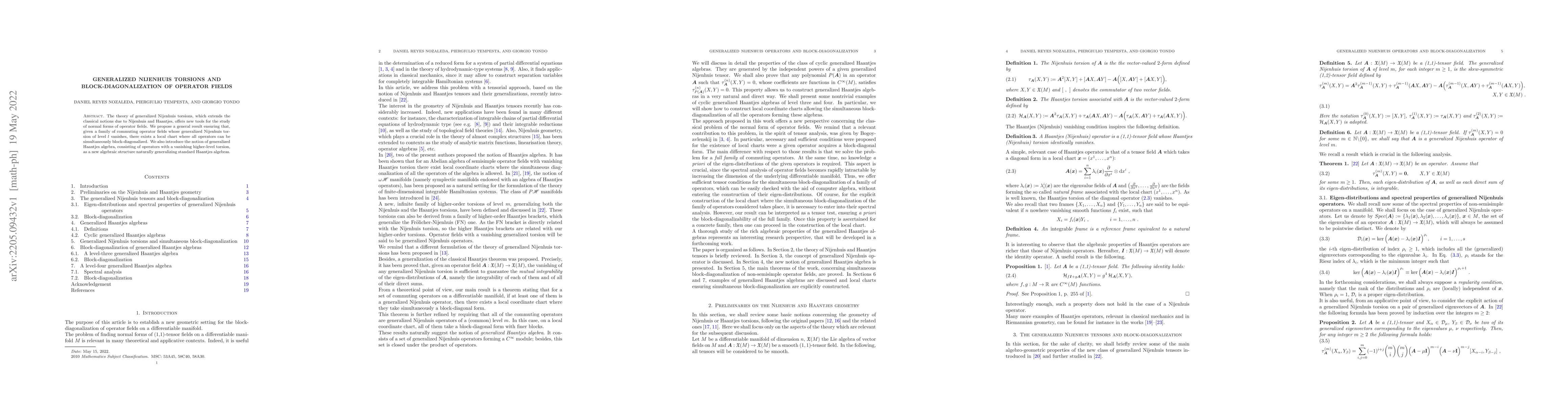 Thumbnail for Generalized Nijenhuis Torsions and block-diagonalization of operator
  fields